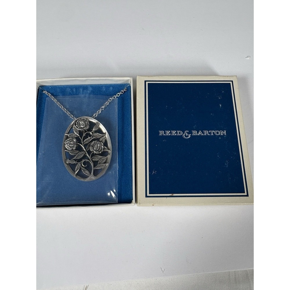 Reed & Barton Pewter June Rose Pendant Necklace Floral Oval w/ Box Vintage